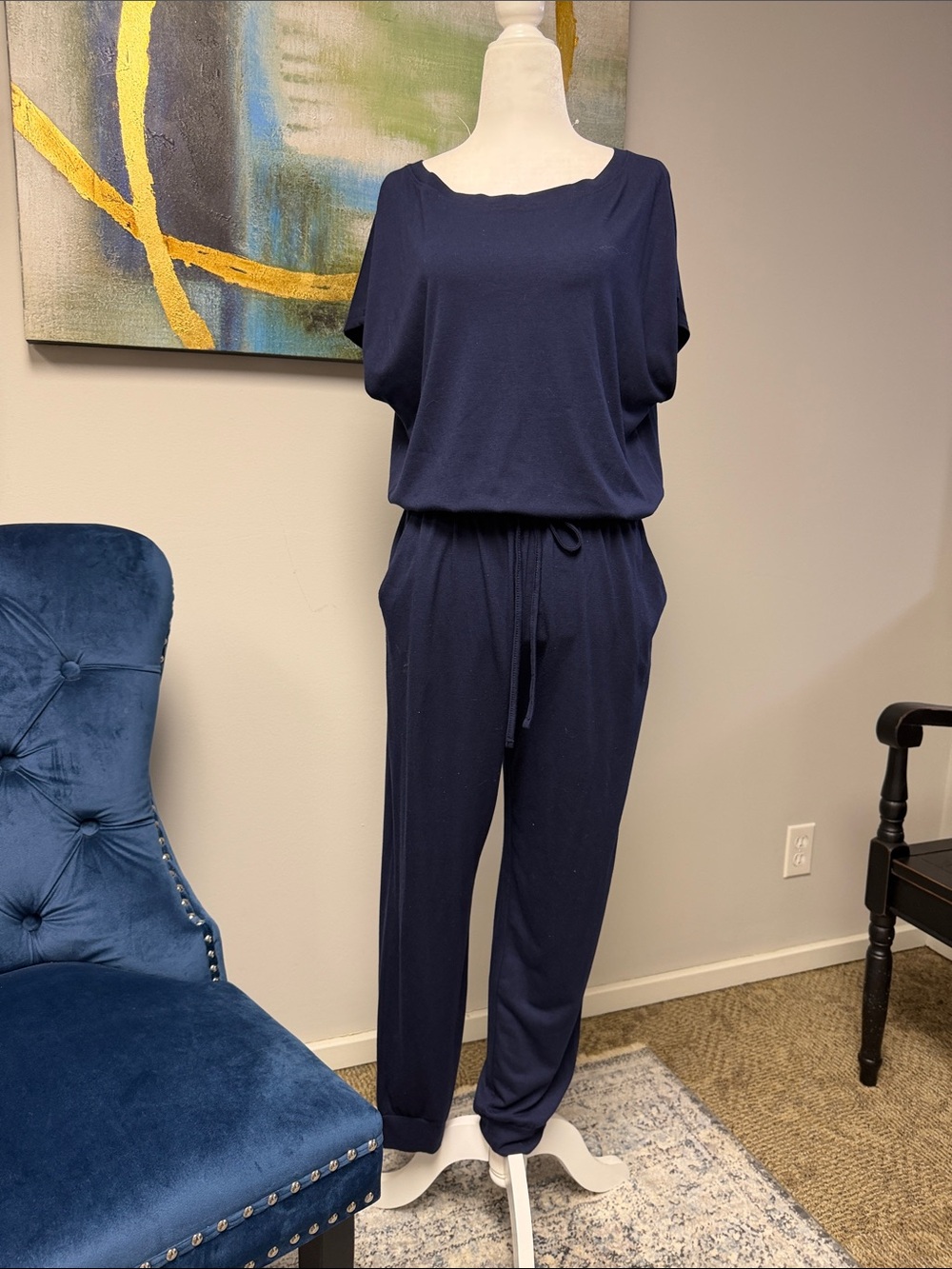 Women's Navy Jumpsuit with Drawstring Waist
